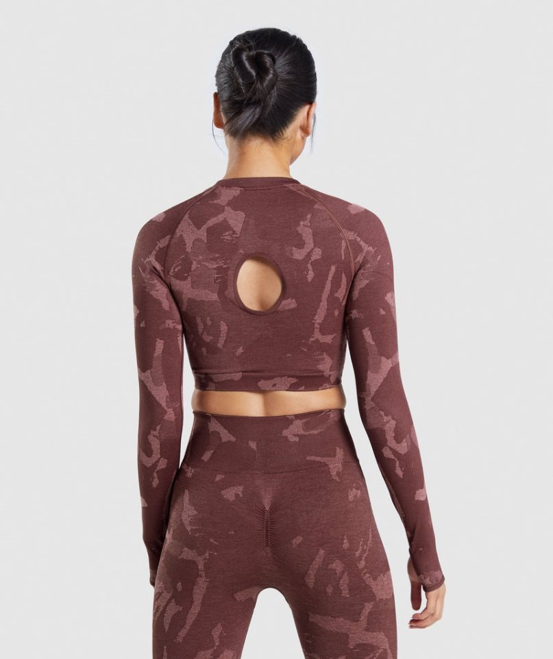 Women's Gymshark Adapt Camo Seamless Long Sleeve Cropped Tops Brown | NZ 5DVPMC